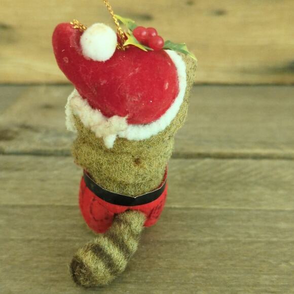 Vtg Flocked Fur 'Britches' Raccoon Critter Sitter Santa Hat Christmas Ornament - Picture 9 of 10